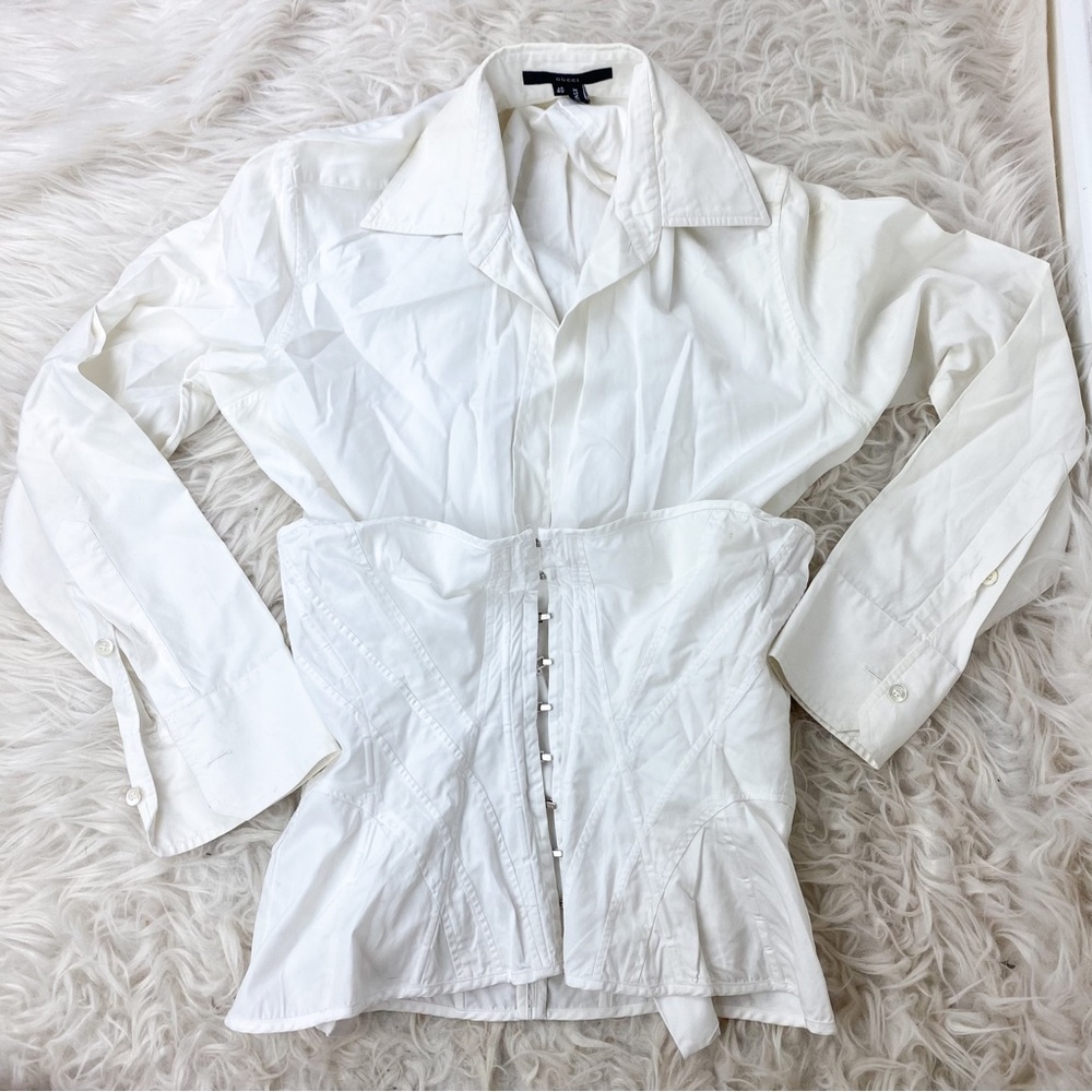 Authentic Gucci White Cotton Dress Shirt with Corset Detailing